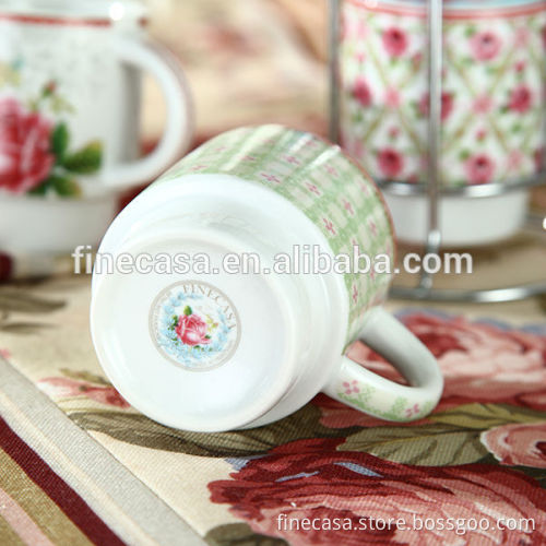 8OZ Elegant White Porcelain Stackable Coffee Mugs with Rack